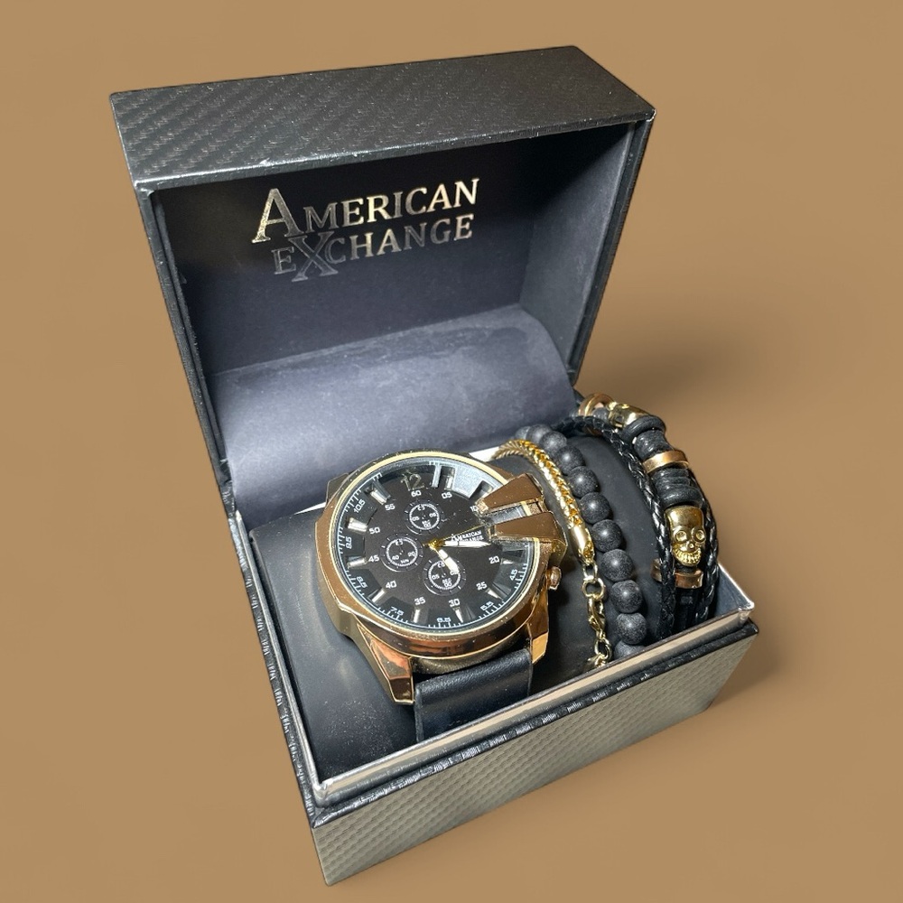 American Exchange Men’s Gold & Black Watch & Bracelet Set NWT - Picture 2 of 9
